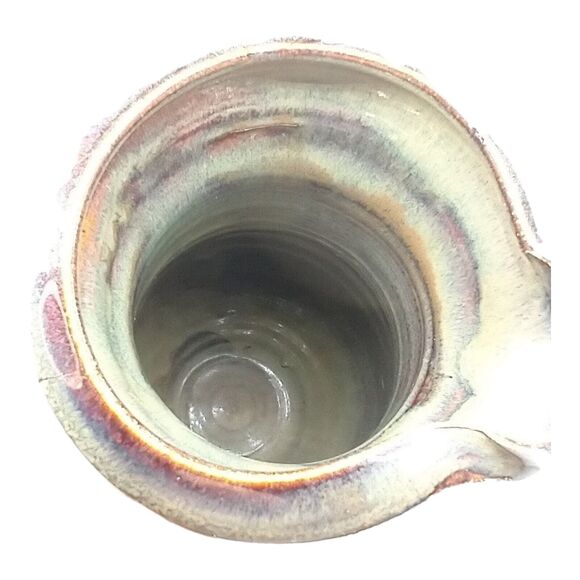 Vintage Studio Pottery Pitcher Green Brown Glaze, Signed, Applied Handle, Flaw - Picture 9 of 10